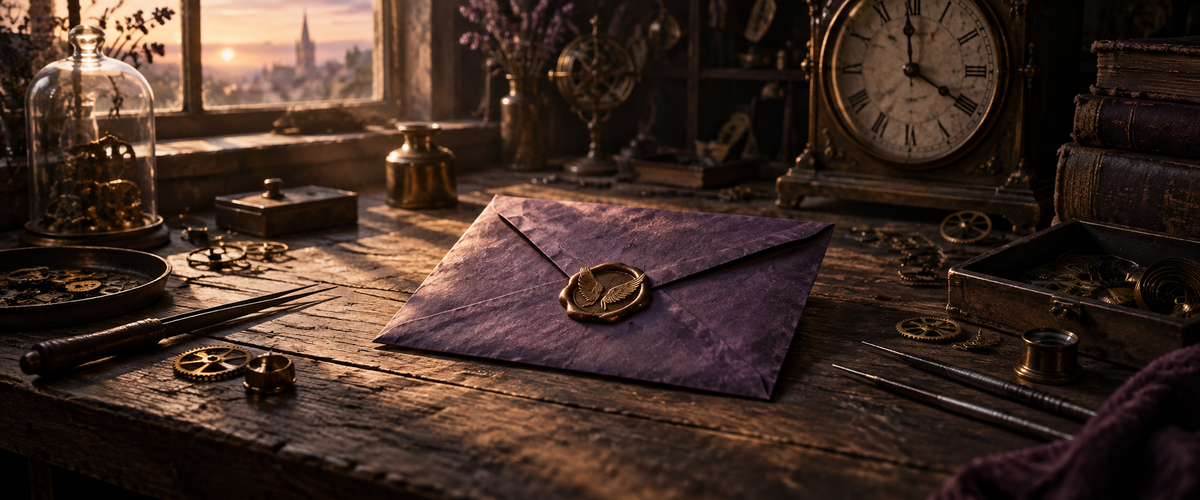 A violet envelope with a wing-shaped wax seal on a clockmaker’s workbench.