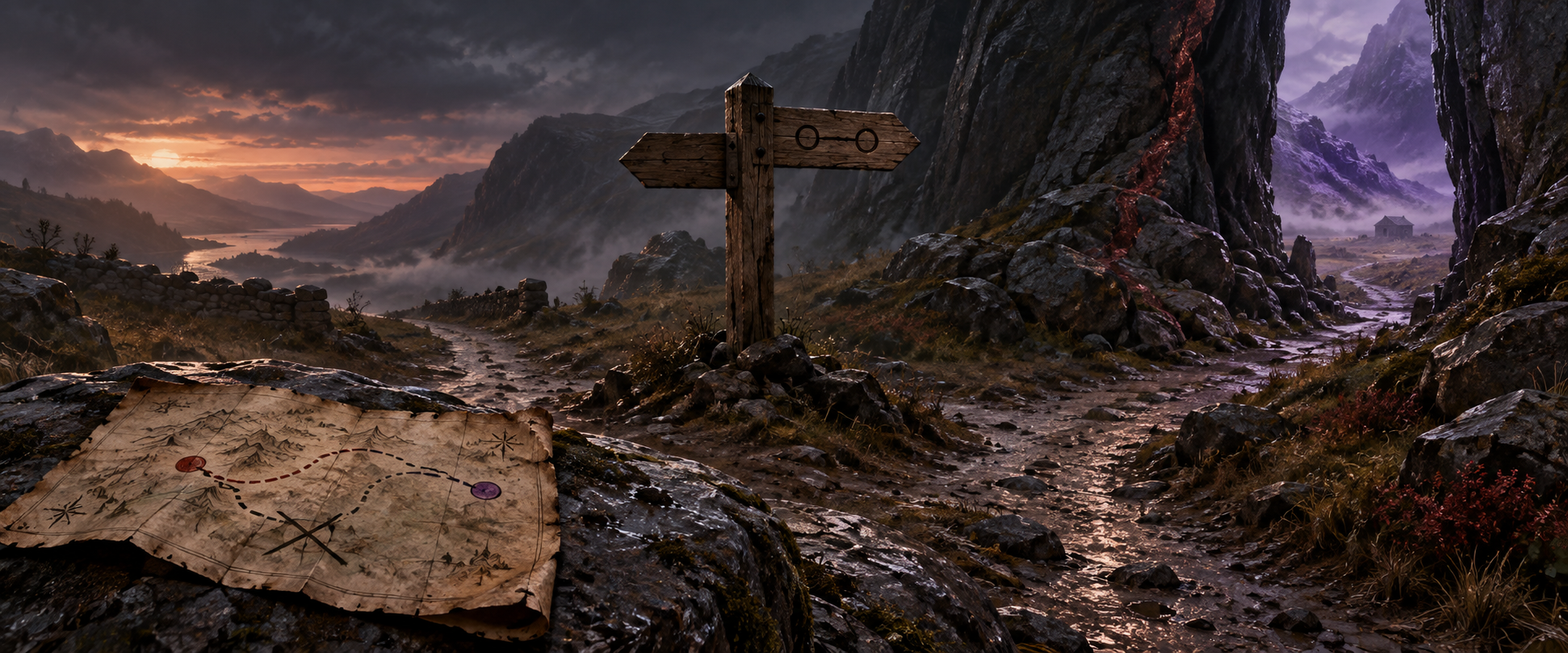 Illustration for The Missing Road: an old map, a forked mountain path, a weathered sign and a passage through red and violet stone.