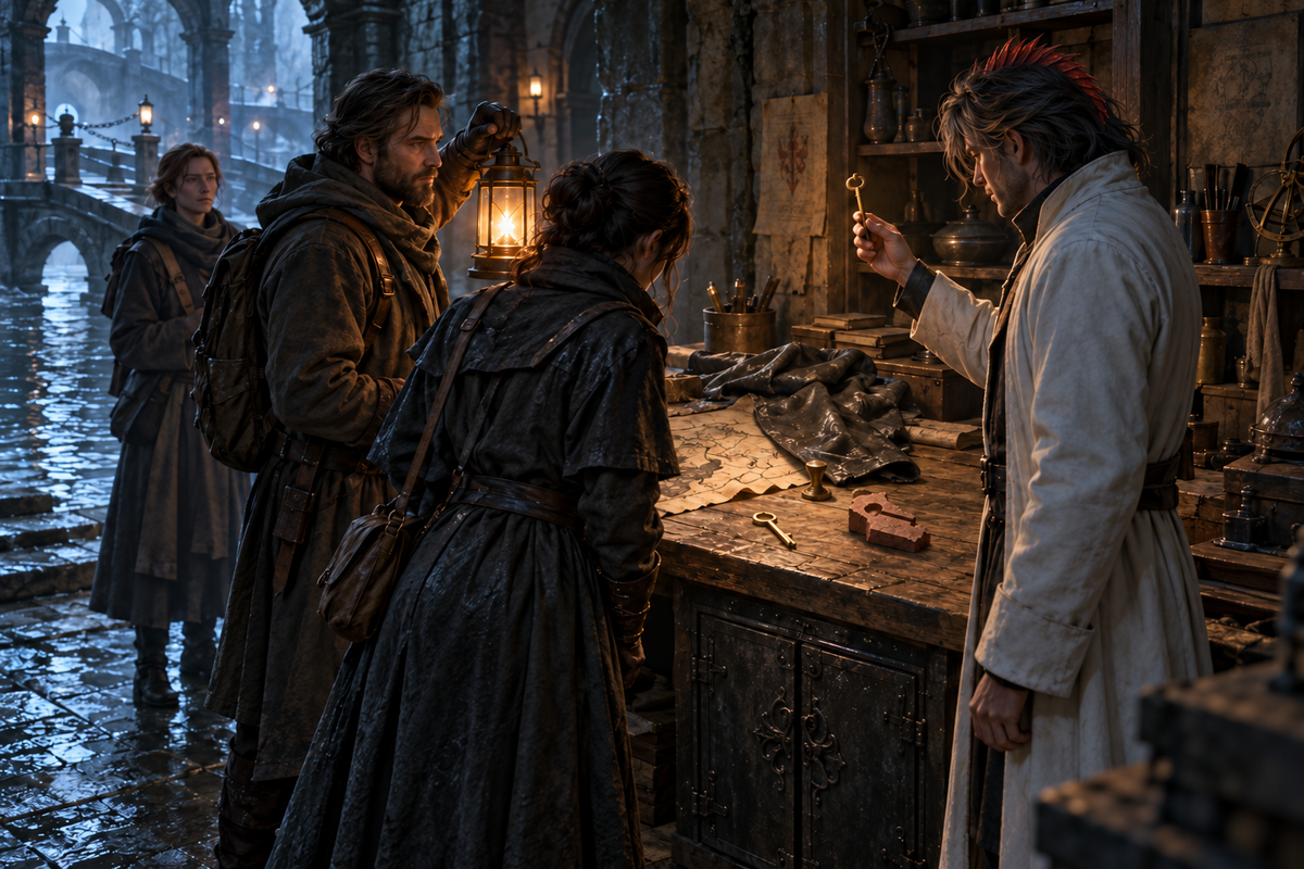 Cindryven, wearing a white coat and red crest, examines a brass key by lantern light with Mara and her companions in a stone workshop.