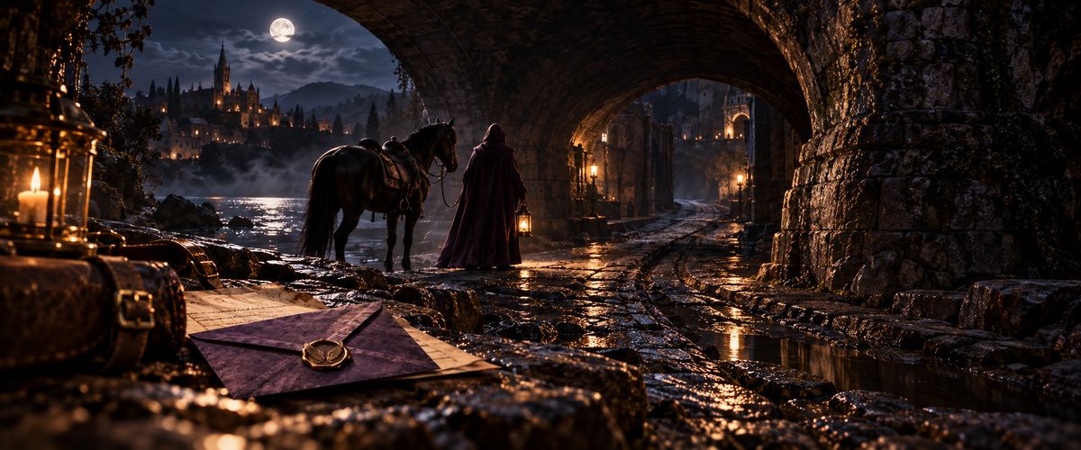 Moonlit stone bridge where a cloaked traveler waits beside a black horse, with the purple wing-sealed letter in the foreground.
