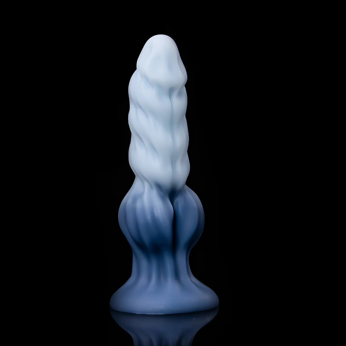 Nivaskel ridged canine dildo standing upright, with an ice-blue ridged shaft, deep sea blue lower knot and flared base.