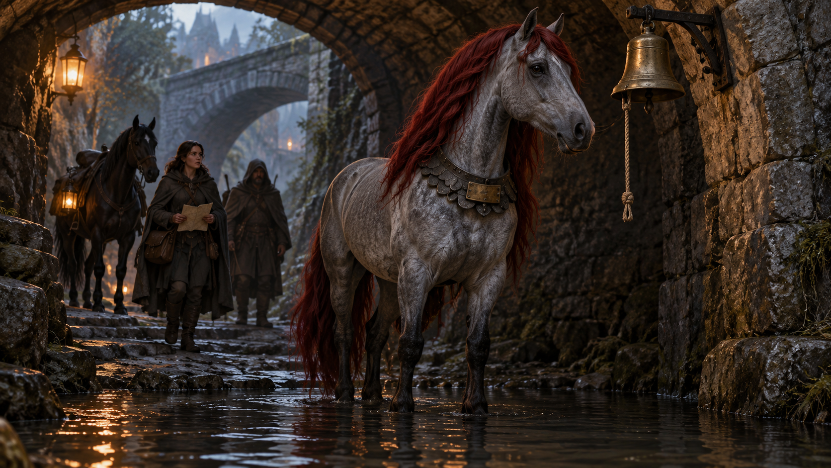 Bellmantle, a gray horse with a red mane, beside a warning bell as travelers approach a flooded stone passage